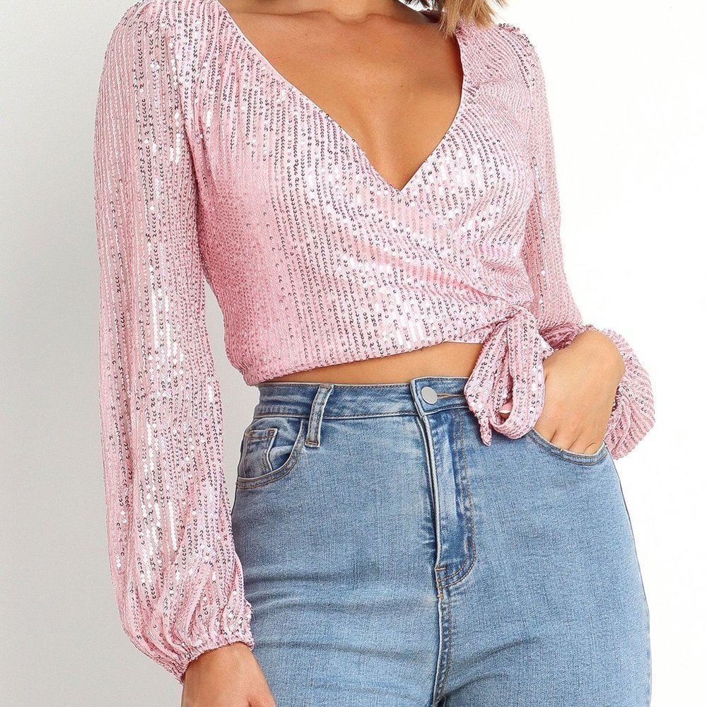 NWT Petal & Pup Wrap Style Beaded Crop Pink Top Glitz, size 4 (S)